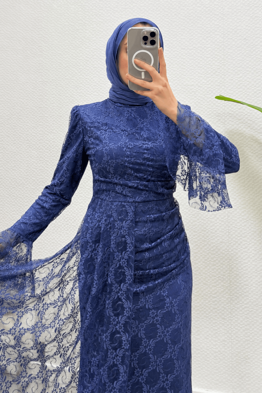 Cavisa İspanyol Kol Dantel Kumaş Astarlı Tesettür Abiye- İndigo