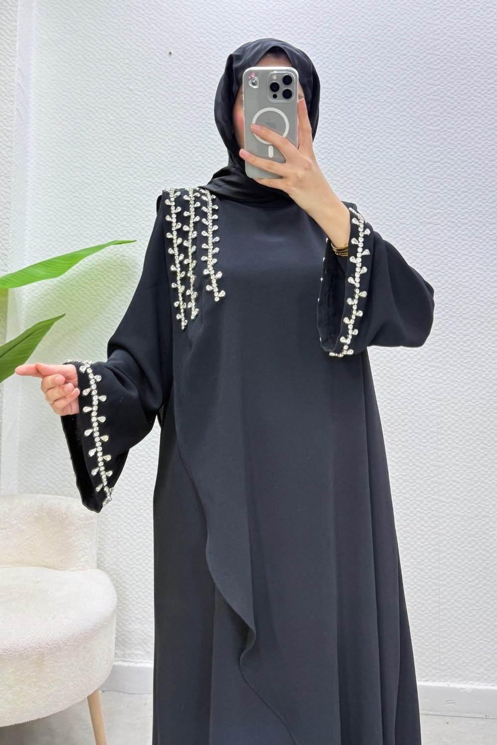 Diva Krep Kumaş Taş Detaylı Tesettür Abiye- Siyah
