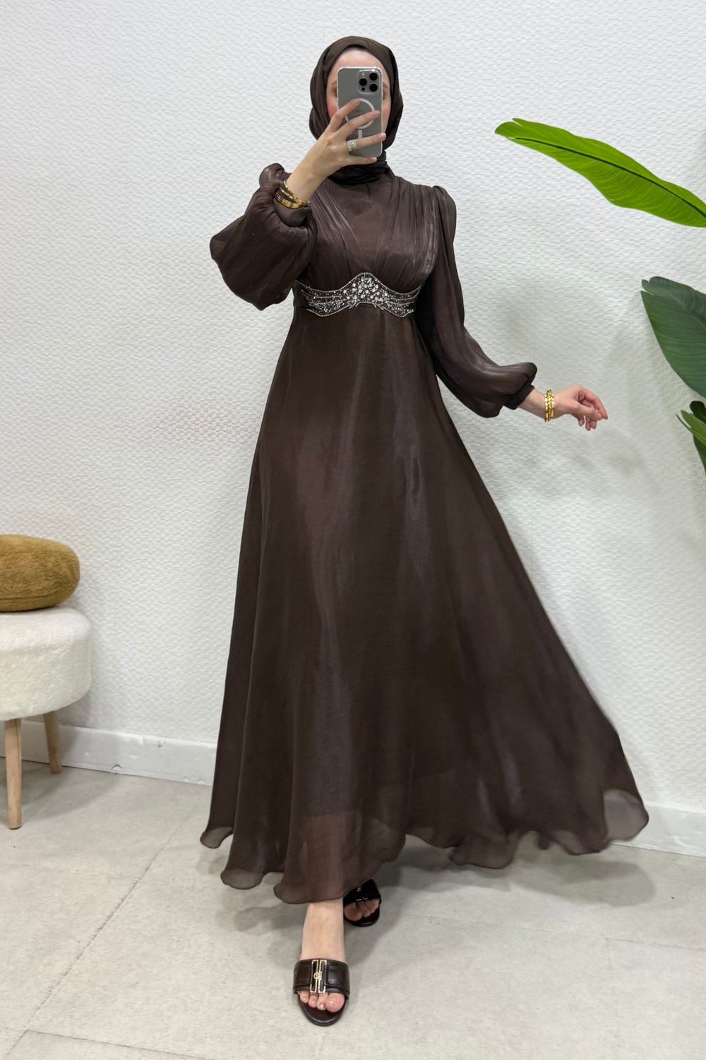 Mosera Janjan Kumaş Beli Taşlı Tesettür Abiye- Acı Kahve