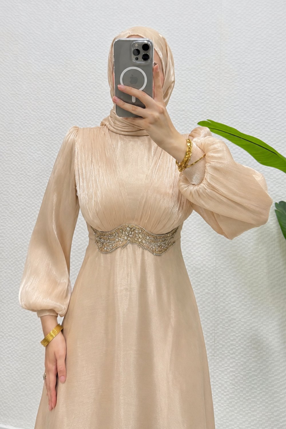 Mosera Janjan Kumaş Beli Taşlı Tesettür Abiye- Krem