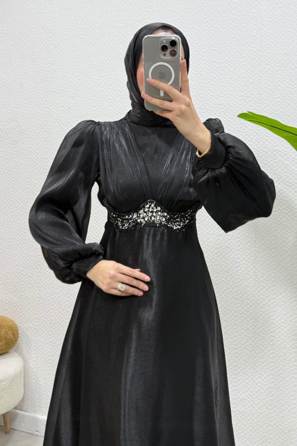 Mosera Janjan Kumaş Beli Taşlı Tesettür Abiye- Siyah