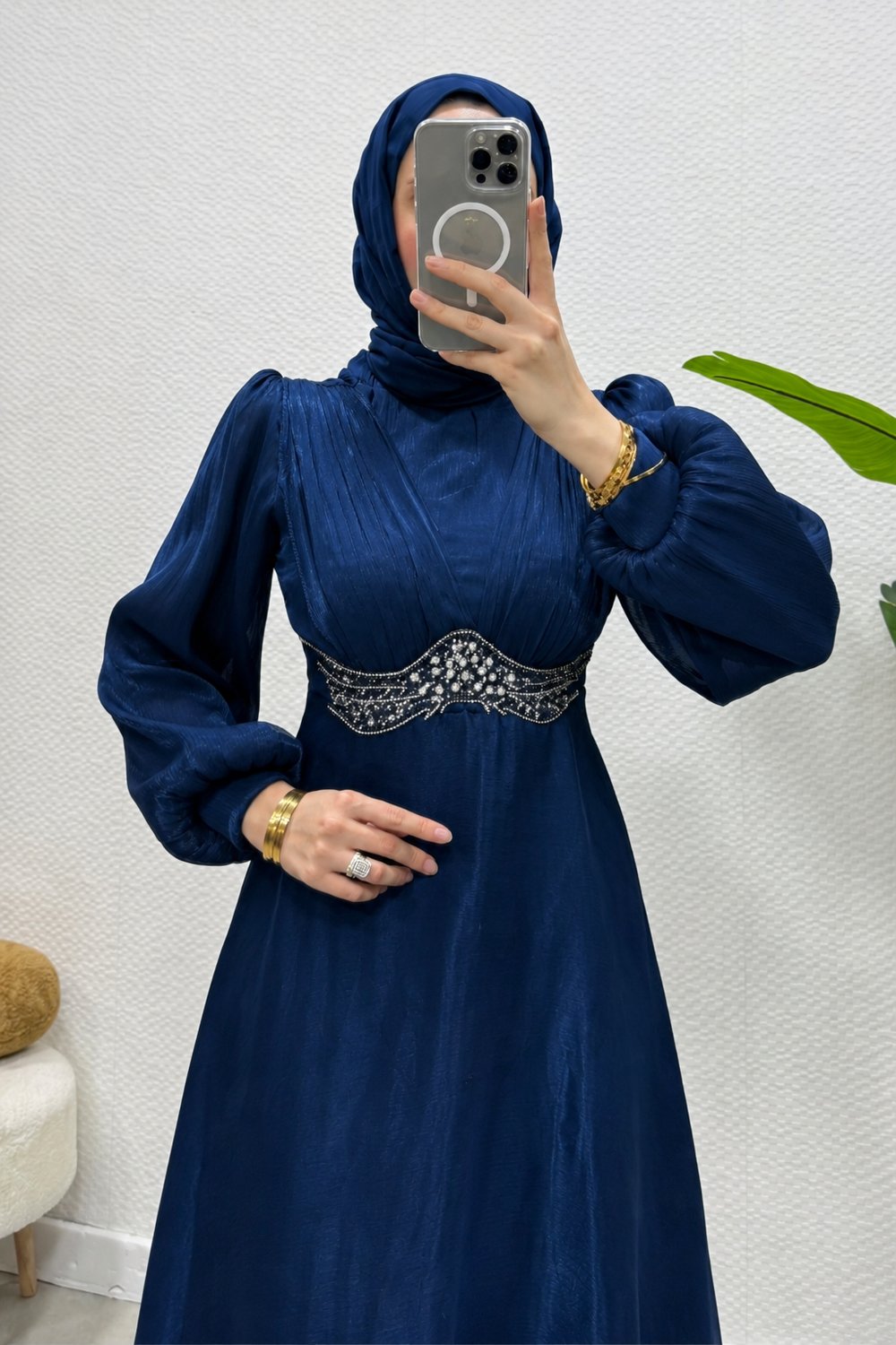 Mosera Janjan Kumaş Beli Taşlı Tesettür Abiye- Lacivert