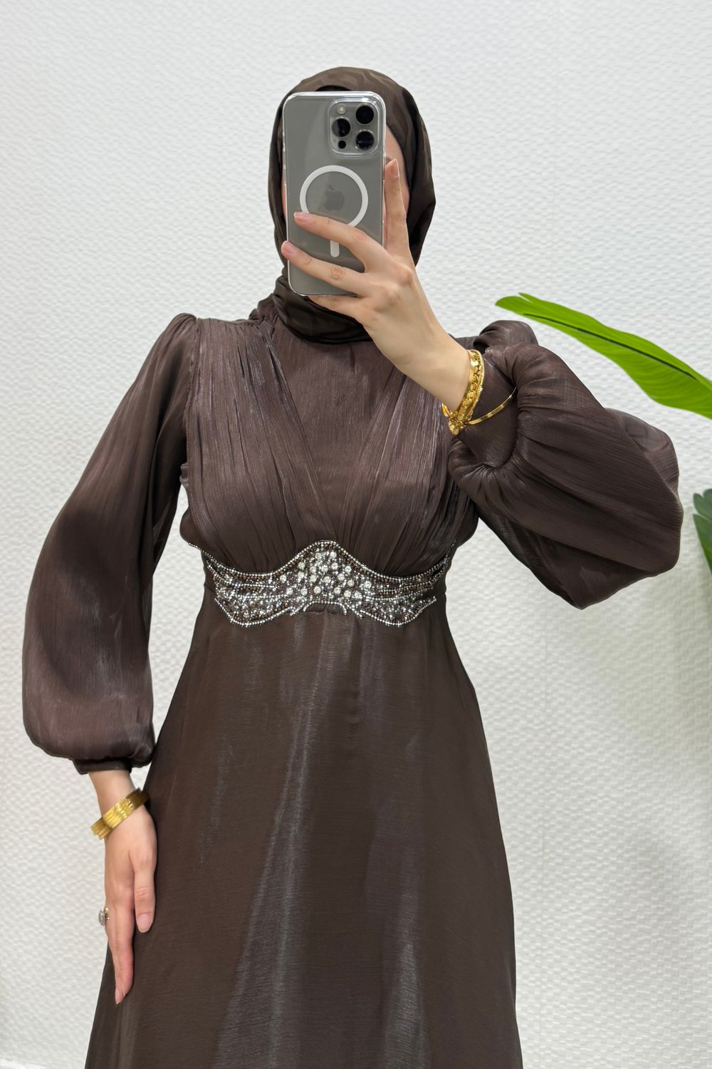 Mosera Janjan Kumaş Beli Taşlı Tesettür Abiye- Acı Kahve