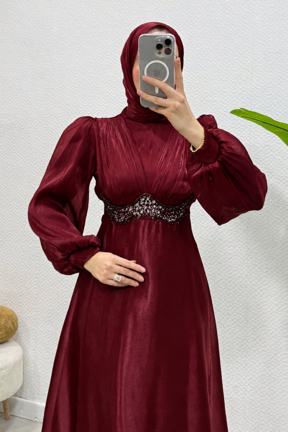 Mosera Janjan Kumaş Beli Taşlı Tesettür Abiye- Bordo
