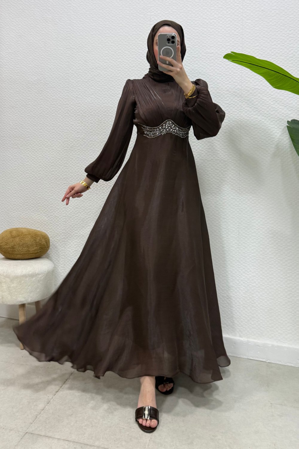 Mosera Janjan Kumaş Beli Taşlı Tesettür Abiye- Acı Kahve
