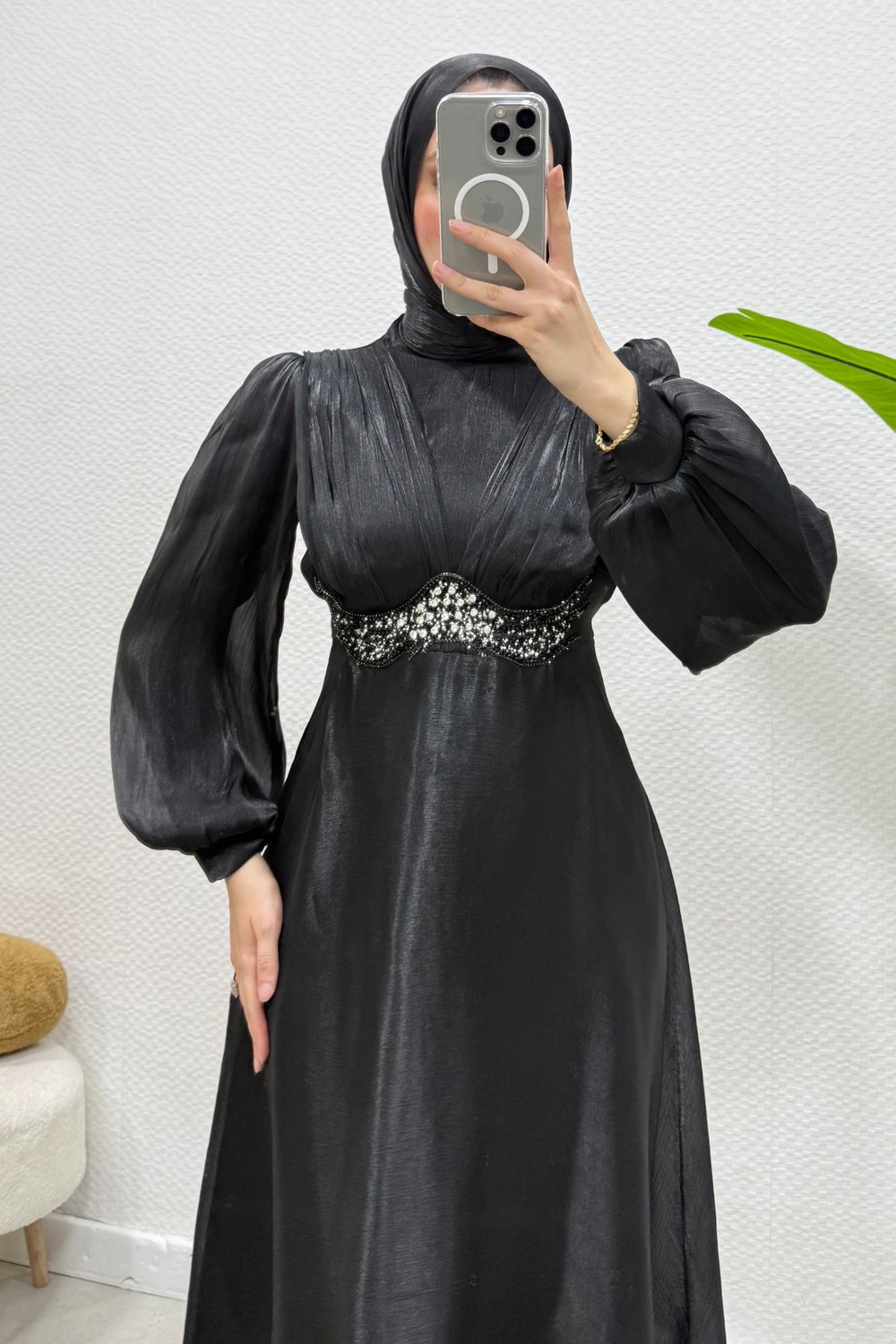 Mosera Janjan Kumaş Beli Taşlı Tesettür Abiye- Siyah
