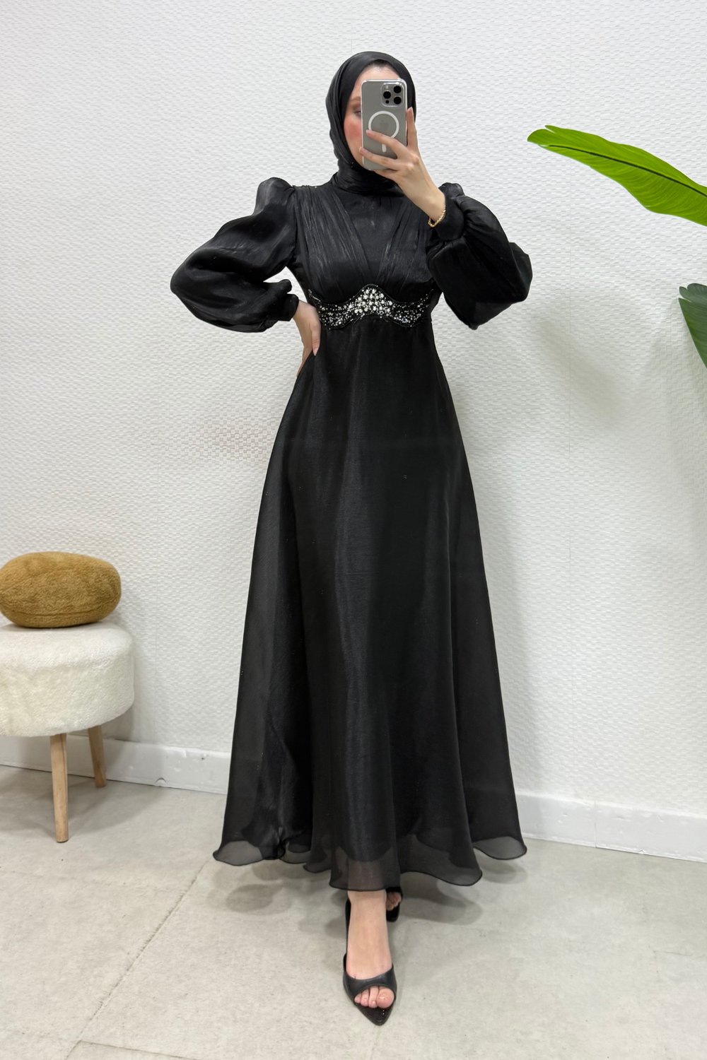 Mosera Janjan Kumaş Beli Taşlı Tesettür Abiye- Siyah