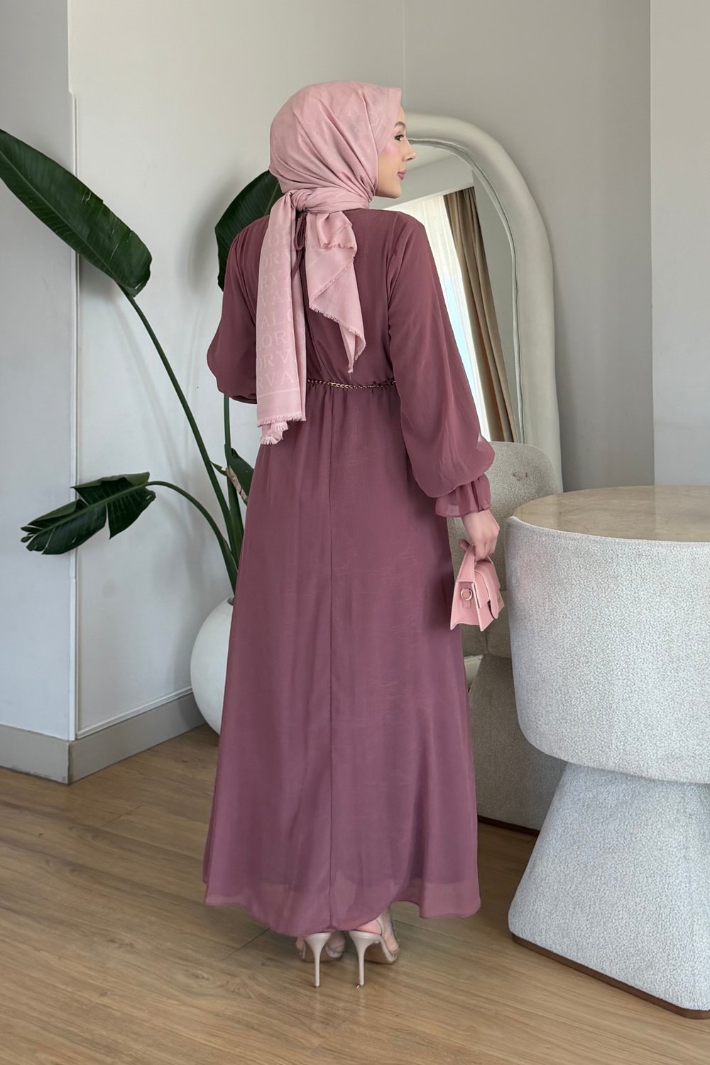 Rosella Kore Şifon Kumaş Astarlı Tesettür Elbise- Pembe