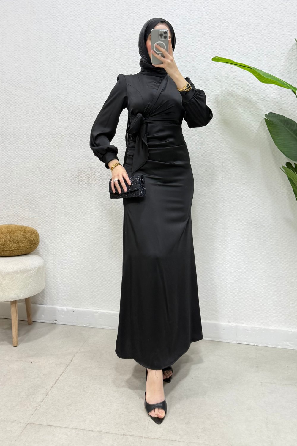 Roya Model Yandan Bağlamalı Saten Abiye-Siyah