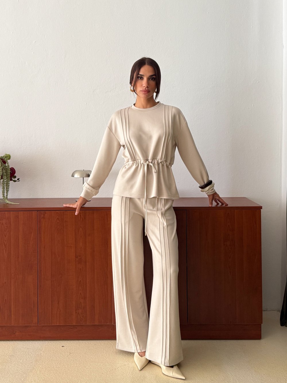 Bağcıklı Bel Geniş Paça Pantolon Takım - Ekru