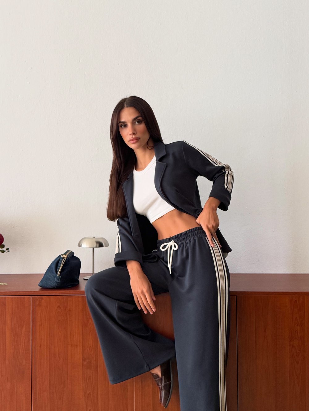 Şerit Detaylı Blazer Ceket Pantolon Takım - Lacivert