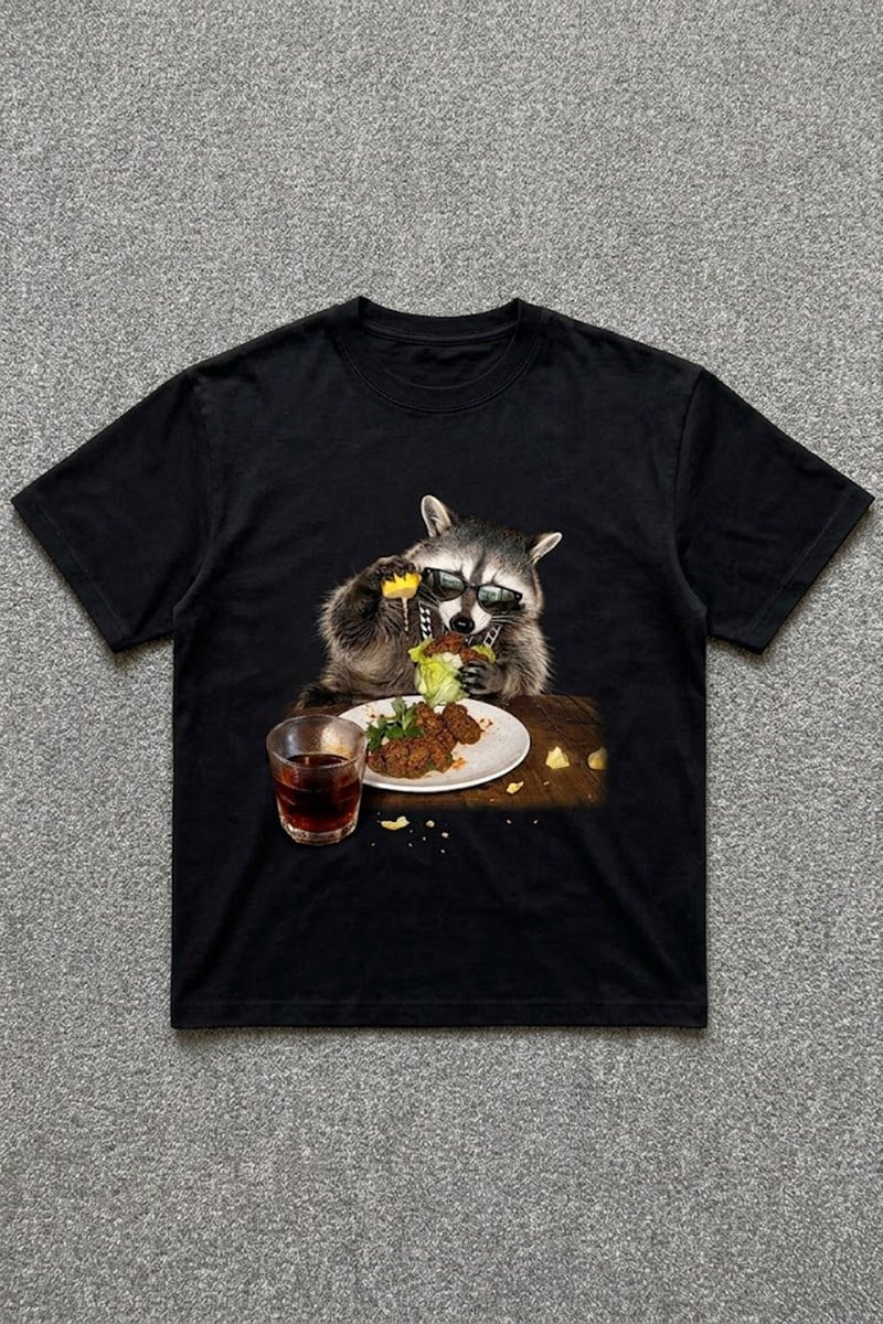 Çiğ köfte Yiyen Cool Rakun Siyah Unisex T-Shirt