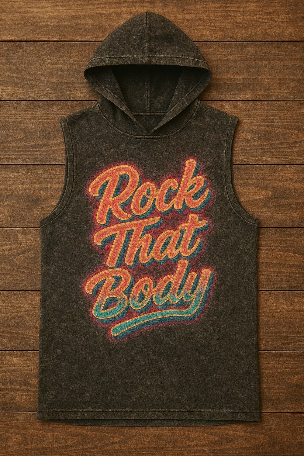 Siyah Erkek Kapüşonlu Antrenman Sporcu Atleti Oversize Yıkamalı RockThatBody Baskılı Kolsuz T-Shirt