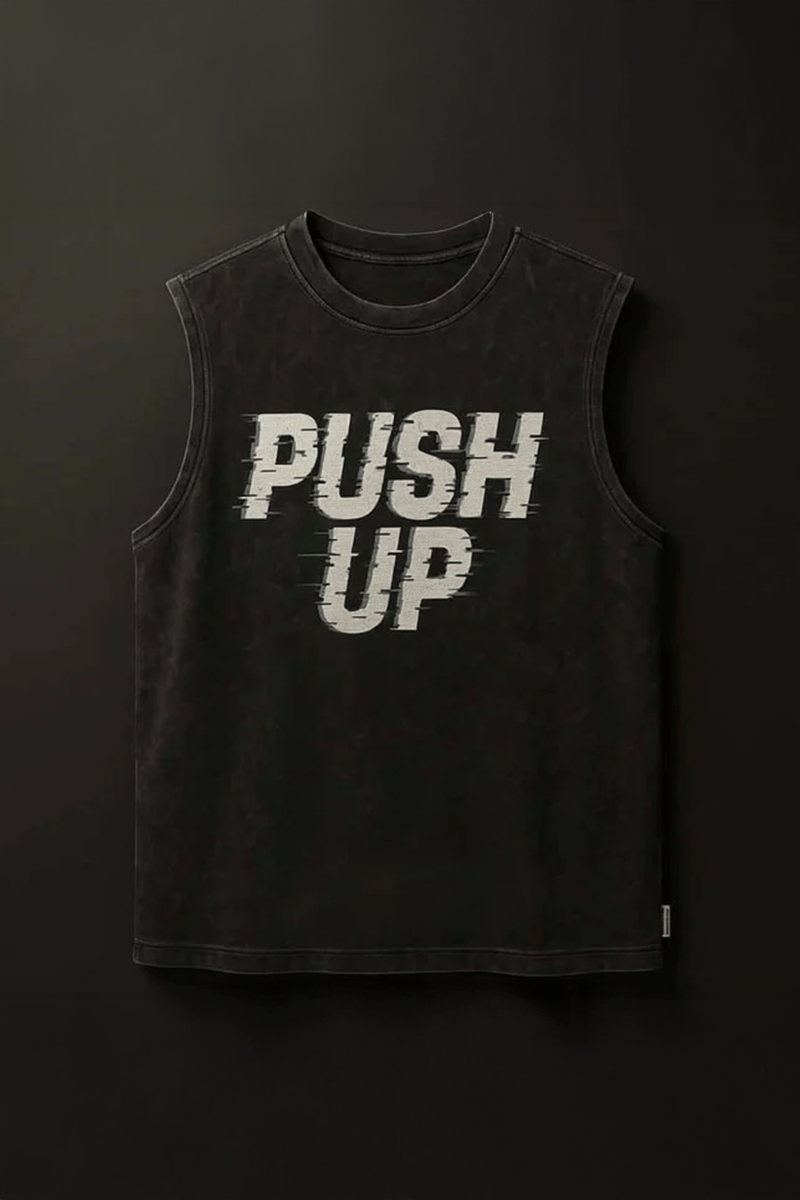 Siyah Erkek Pamuklu Antrenman Sporcu Atleti Oversize Yıkamalı Push Up Baskılı Kolsuz T-Shirt