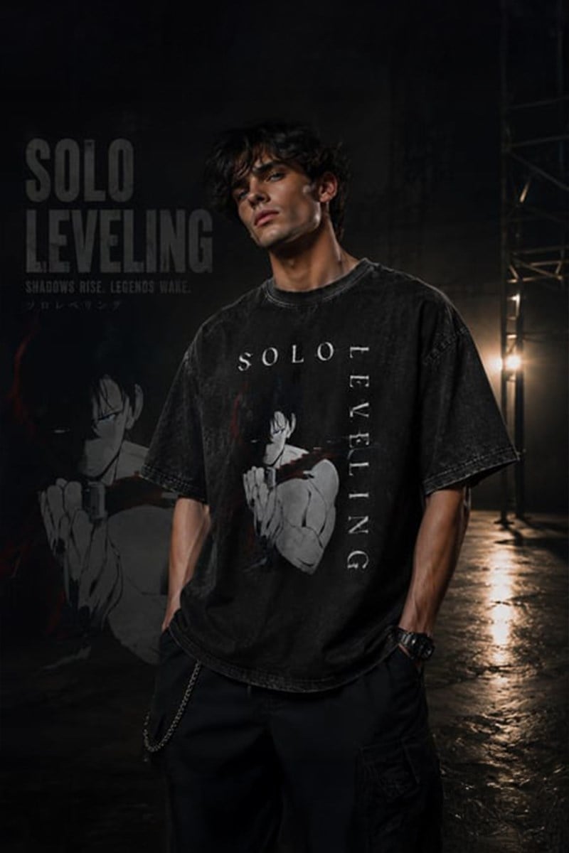 Anime Solo Leveling Sung Jin-woo Unisex Siyah Yıkamalı Retro Tişört - T-Shirt