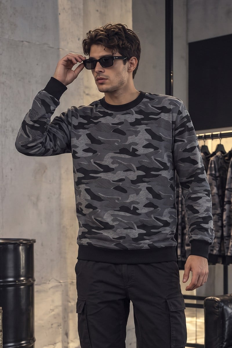 Erkek Gri Siyah Kamuflaj Desenli Bisiklet Yaka Uzun Kollu 2 İplik Sweatshirt - Hırka & Sweatshirt