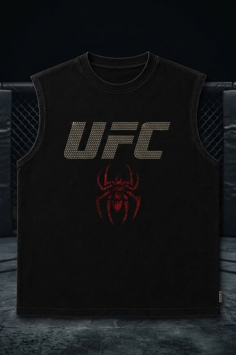 Siyah Erkek Pamuklu Antreman Sporcu Atleti Oversize Ufc spider  Taş Baskılı Kolsuz T-shirt - T-Shirt