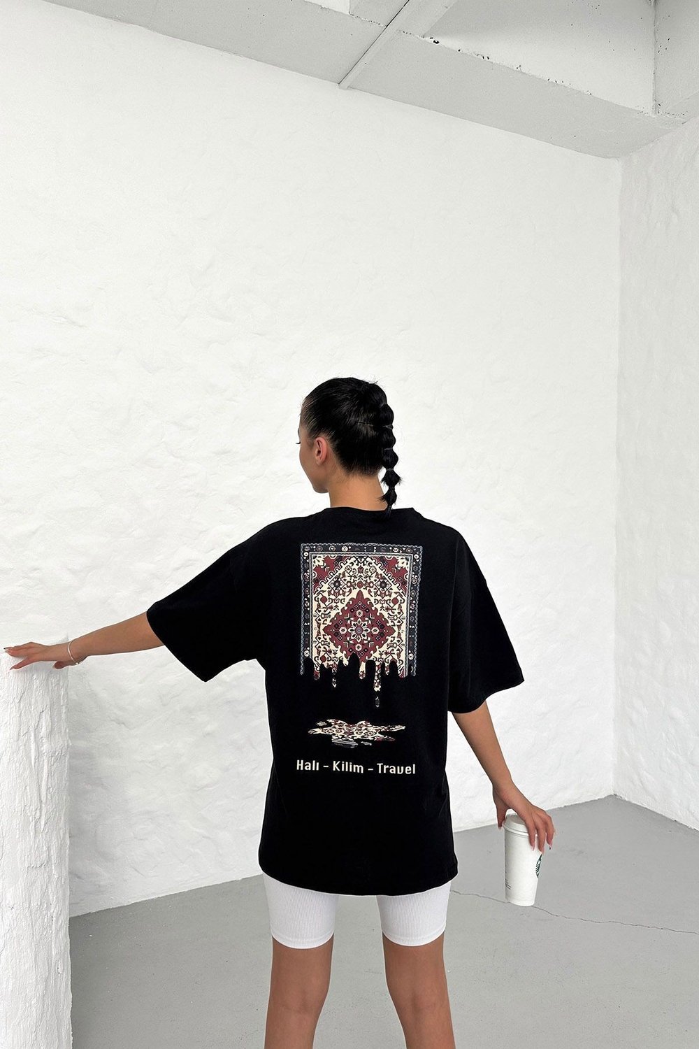 Unisex Siyah Oversize Halı Kilim Travel Desenli Techno Tişört