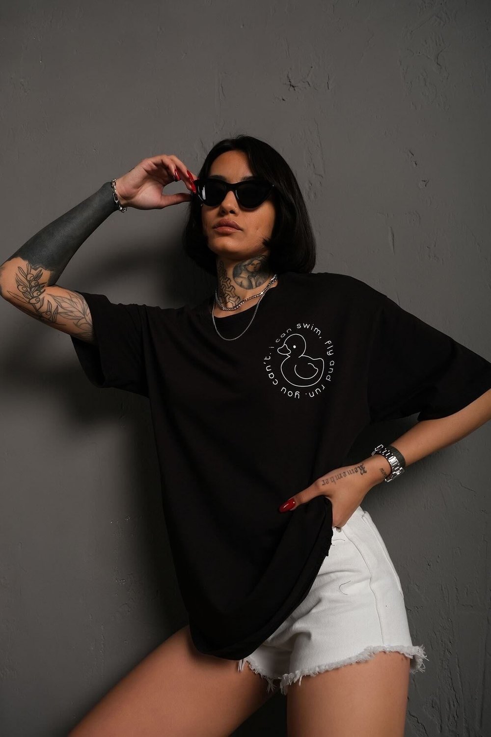 Unisex Siyah Oversize Ördek Baskılı Techno Tişört