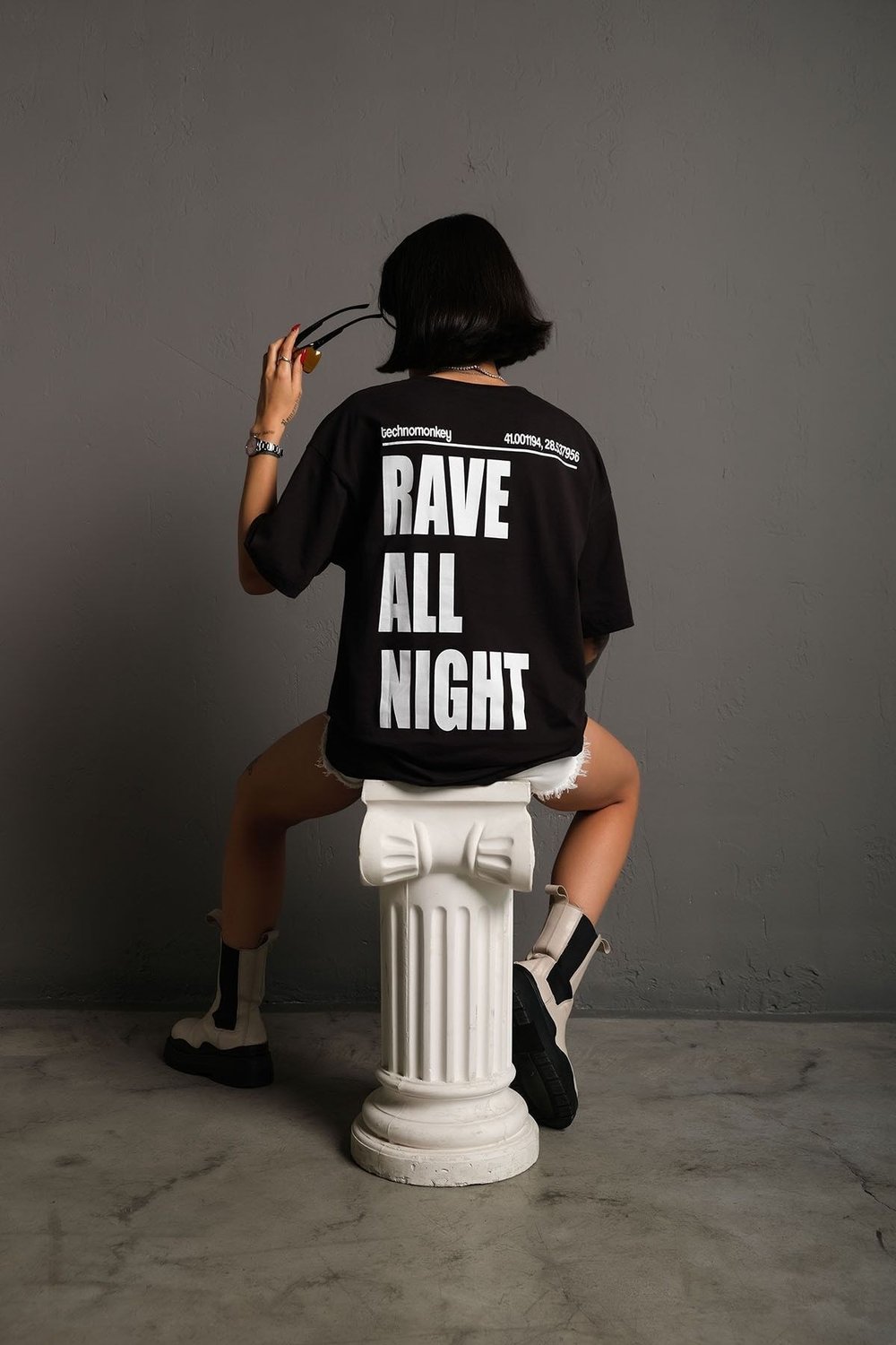 Unisex Siyah Oversize Rave All Night Baskılı Tişört