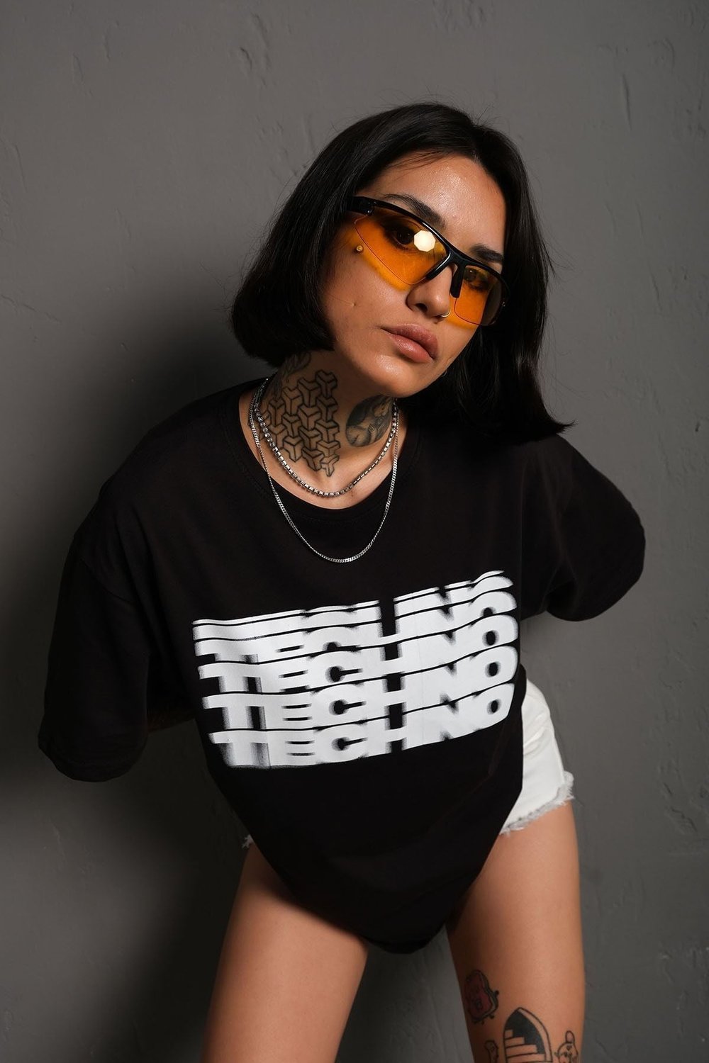 Unisex Siyah Oversize Techno Baskılı Tişört