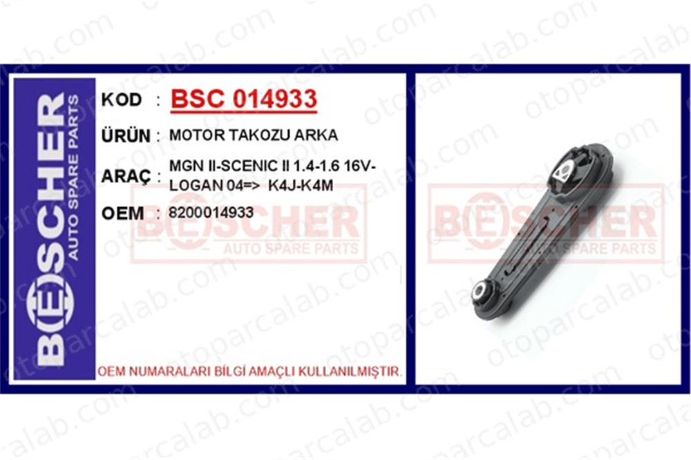 BESCHER 014933 Motor Takozu Arka RENAULT MEGANE II DACIA LOGAN 8200014933 112387053R