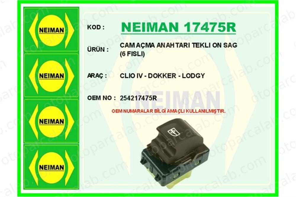 BESCHER 17475R Cam Açma Düğmesi Ön Sağ DACIA DUSTER LODGY 254217475R 254210001R