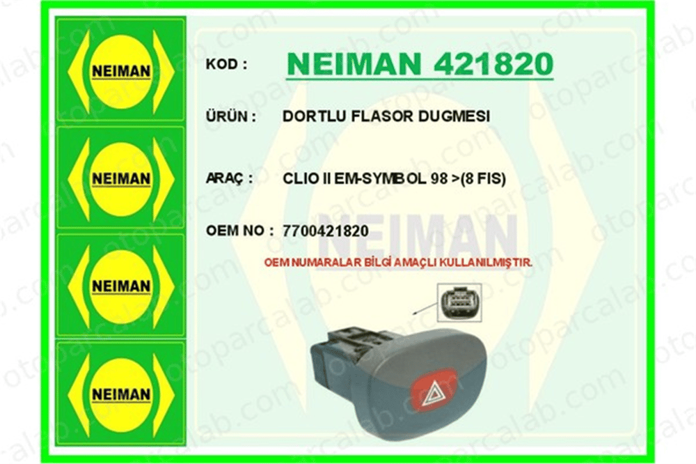 BESCHER 421820 Dörtlü Flaşör Düğmesi RENAULT CLIO II CLIO II Kasa/eğik arka 7700421820 252904482R