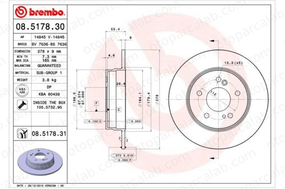BREMBO 08.5178.30 Fren Disk Ayna Arka Sağ ve Sol MERCEDES-BENZ C-SERISI 124 T-Model A2034230112 5098065AA