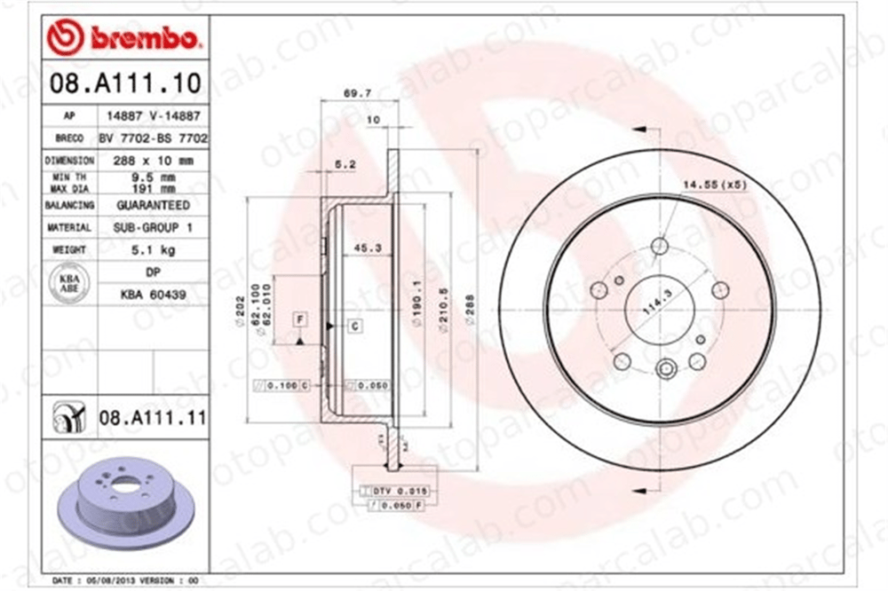 BREMBO 08.A111.11 Fren Disk Ayna Arka Sağ ve Sol LEXUS RX 4243148041 424310E010