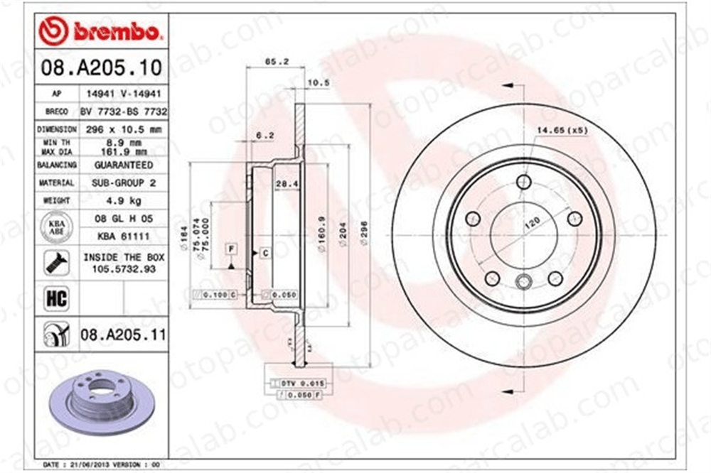 BREMBO 08.A205.10 Fren Disk Ayna Arka Sağ ve Sol BMW 1 3 34216855002 34214031275