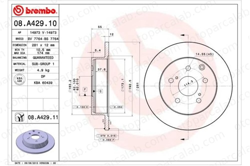 BREMBO 08.A429.10 Fren Disk Ayna Arka Sağ ve Sol TOYOTA RAV 4 IV RAV 4 III 424310R010 4243142060
