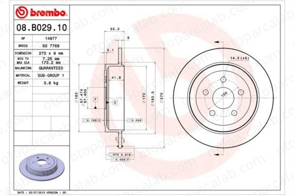 BREMBO 08.B029.10 Fren Disk Ayna Arka Sağ ve Sol CHRYSLER PT CRUISER NEON 4509553AB 4383551