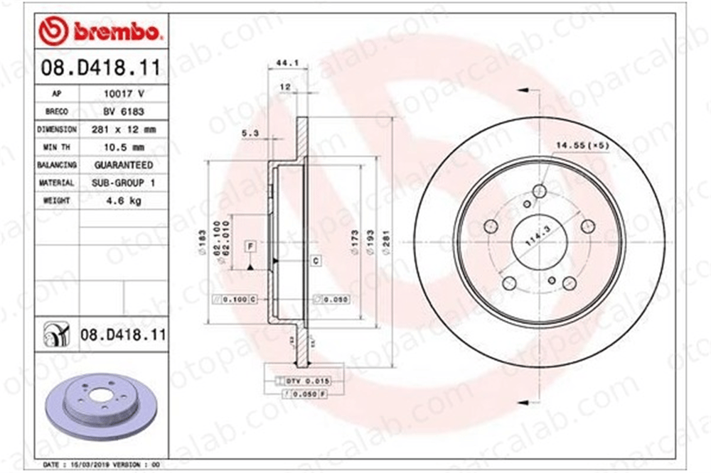 BREMBO 08.D418.11 Fren Disk Ayna Arka Sağ ve Sol TOYOTA CAMRY RAV 4 V 4243178010 4243106180