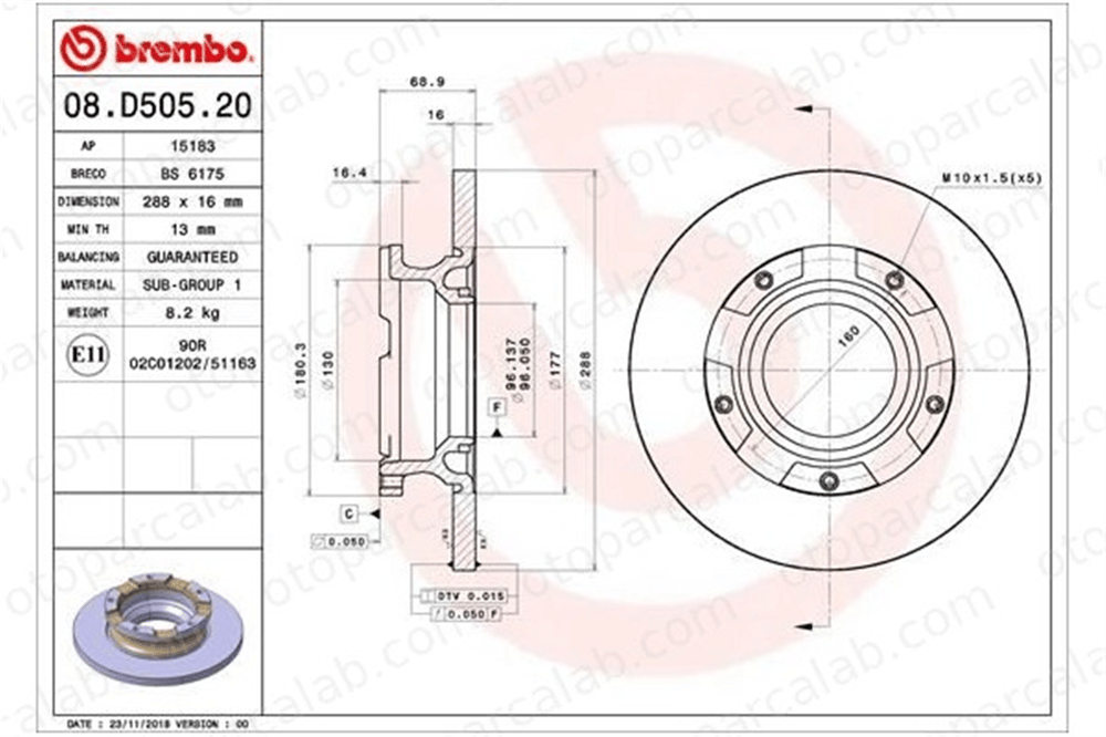 BREMBO 08.D505.20 Fren Disk Ayna Arka Sağ ve Sol FORD TRANSIT CUSTOM V362 Minibüs/Otobüs TRANSIT CUSTOM V362 Panelvan/Van BK212A097BA BK212A097FA