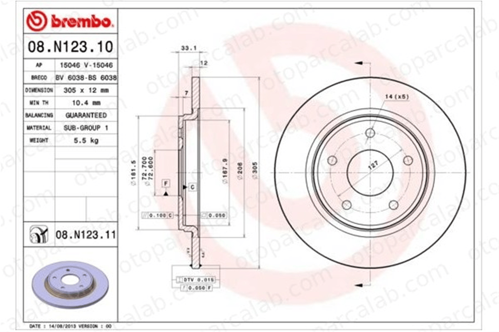 BREMBO 08.N123.11 Fren Disk Ayna Arka Sağ ve Sol DODGE JOURNEY FIAT FREEMONT 4721677AA 4721996AB