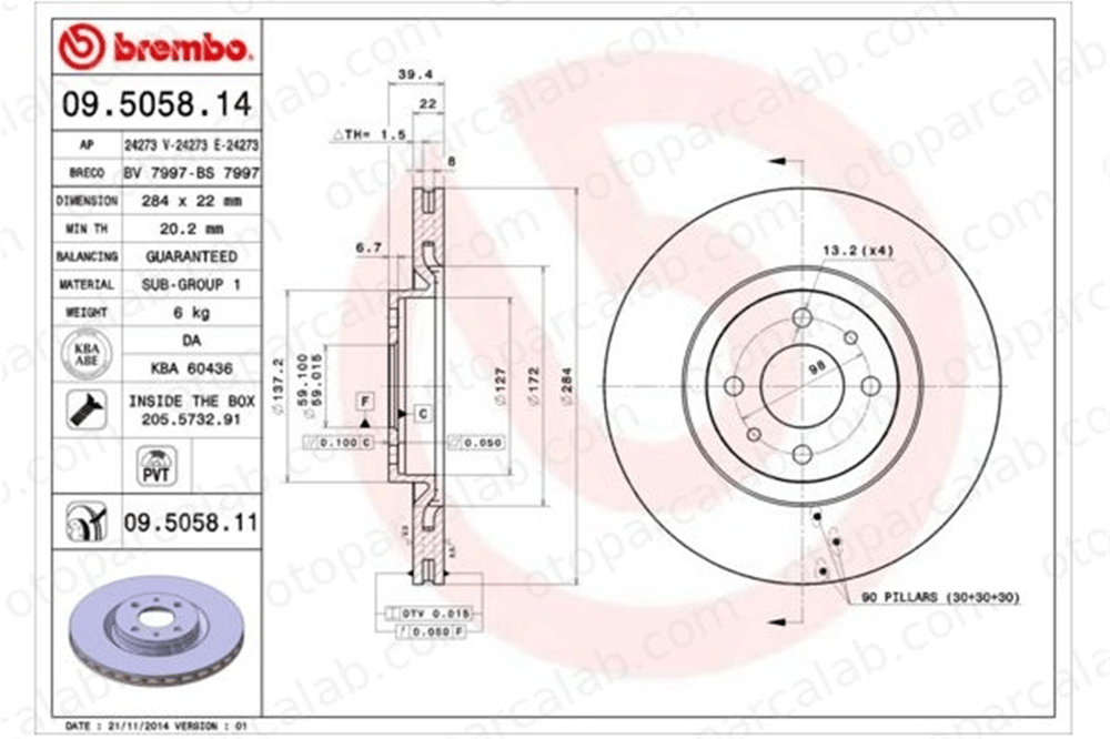 BREMBO 09.5058.11 Fren Disk Ayna Ön Sağ ve Sol FIAT MULTIPLA DOBLO Kasa/büyük limuzin 46403958 46427947
