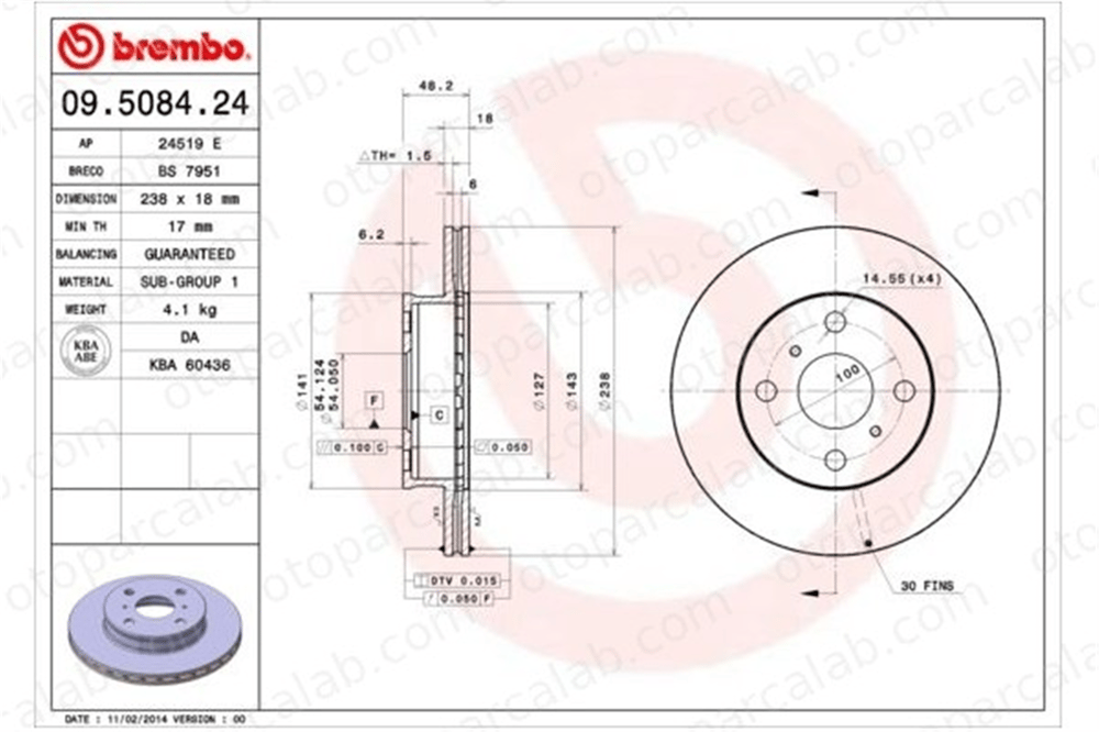 BREMBO 09.5084.24 Fren Disk Ayna Ön Sağ ve Sol TOYOTA COROLLA COROLLA Liftback 4351212330 4351212290