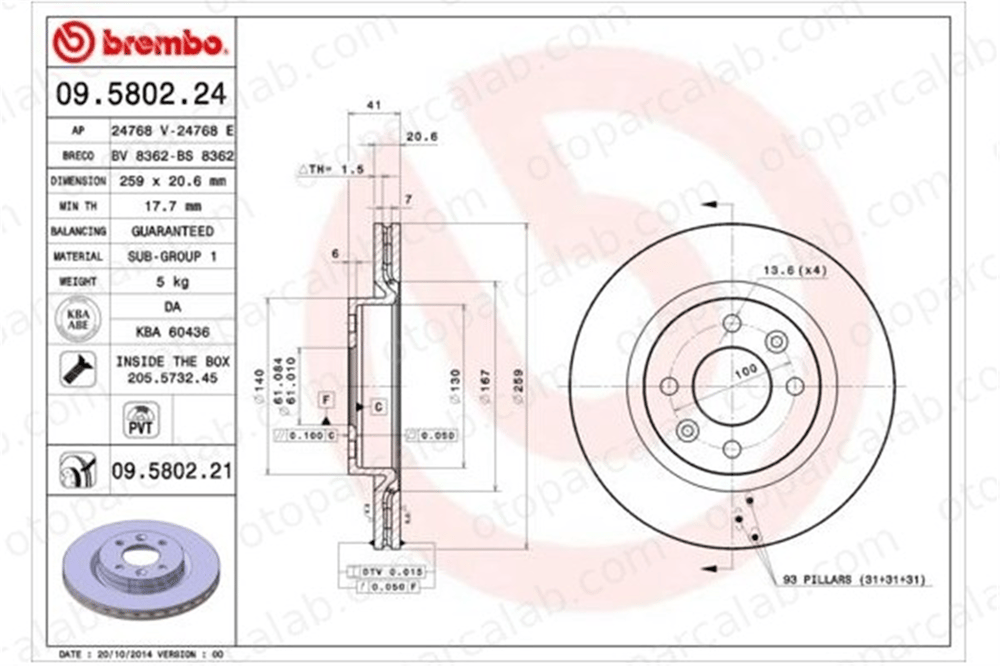 BREMBO 09.5802.24 Fren Disk Ayna Ön Sağ ve Sol RENAULT CLIO II KANGOO Express 402062984R 7701206339