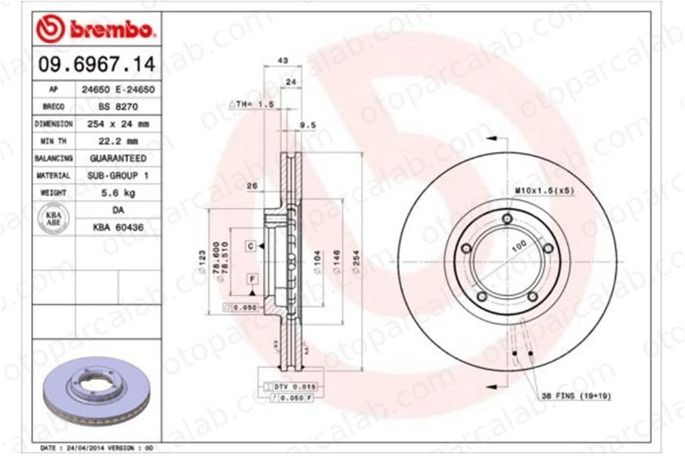 BREMBO 09.6967.14 Fren Disk Ayna Ön Sağ ve Sol FORD TRANSIT Minibüs/Otobüs TRANSIT Panelvan/Van 1514234 5025610