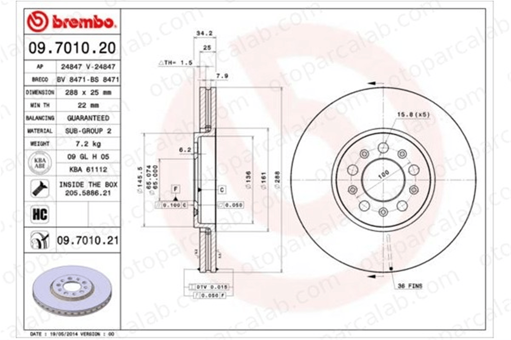 BREMBO 09.7010.20 Fren Disk Ayna Ön Sağ ve Sol VW BORA I POLO V 6R0615301A 1J0615301