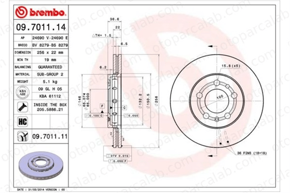 BREMBO 09.7011.11 Fren Disk Ayna Ön Sağ ve Sol SEAT IBIZA IV IBIZA IV SC 6R0615301 1J0615301D