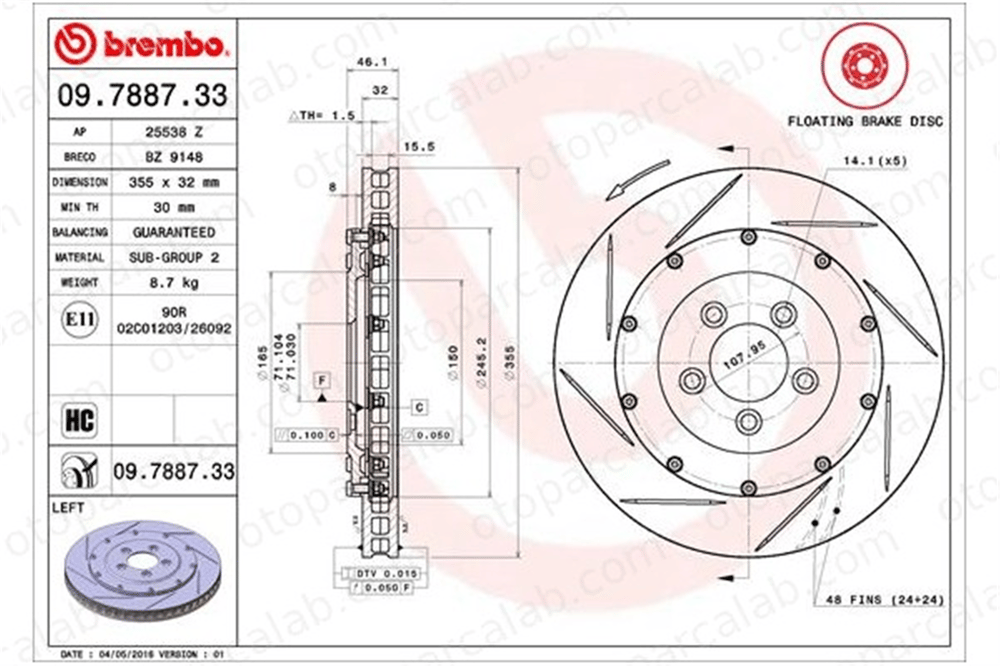 BREMBO 09.7887.33 Fren Disk Ayna Ön Sağ ve Sol ASTON MARTIN VANQUISH Vantage 4R12280457AA