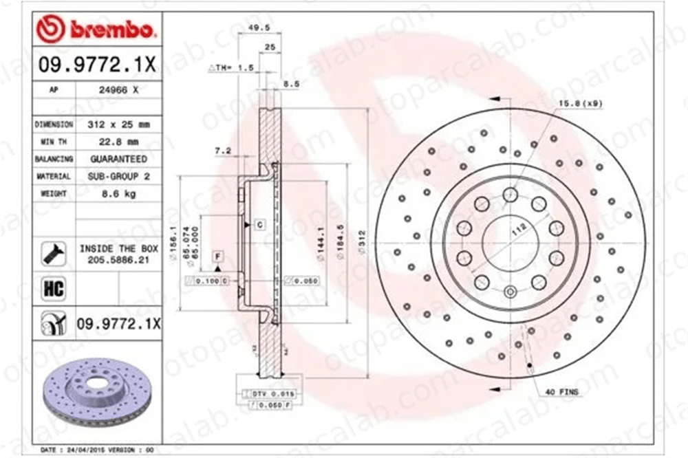 BREMBO 09.9772.1X Fren Disk Ayna Ön Sağ ve Sol AUDI A3 Sportback A3 1K0615301AA 5C0615301B
