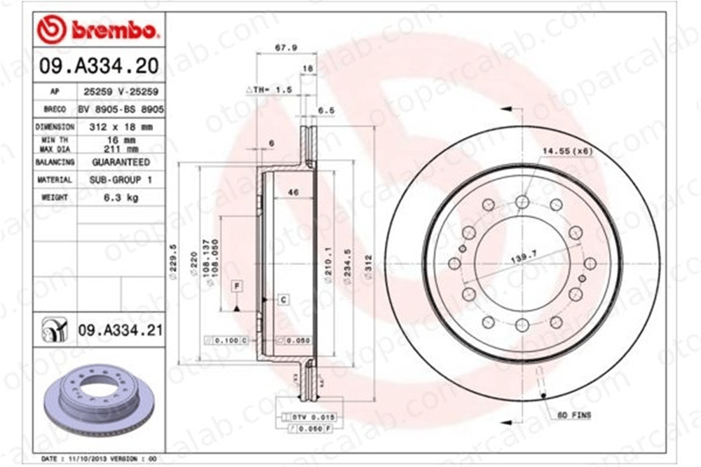 BREMBO 09.A334.21 Fren Disk Ayna Arka Sağ ve Sol TOYOTA LAND CRUISER PRADO 4 RUNNER V 4243160311 424310K230