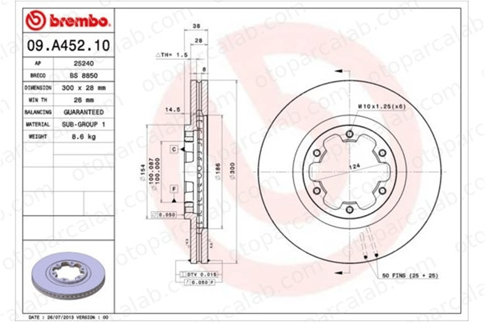 BREMBO 09.A452.10 Fren Disk Ayna Ön Sağ ve Sol NISSAN PICK UP PATHFINDER II 402061W600 40206VE800