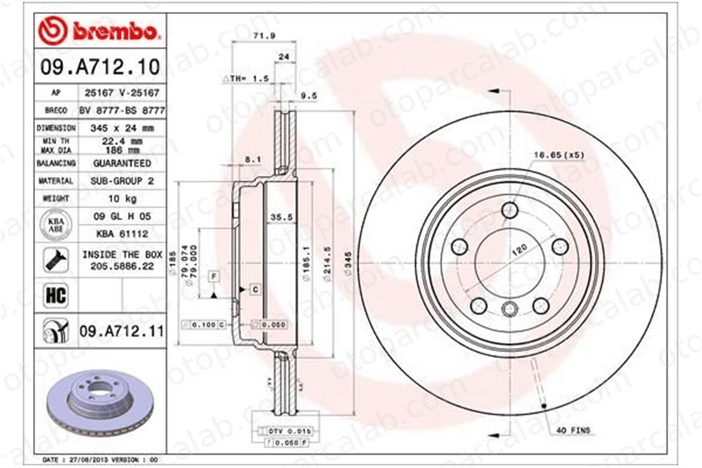BREMBO 09.A712.11 Fren Disk Ayna Arka Sağ ve Sol BMW 7 34216765889 34216864054