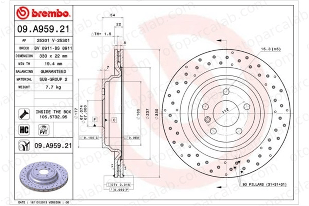 BREMBO 09.A959.21 Fren Disk Ayna Arka Sağ ve Sol MERCEDES-BENZ GLE M-SERISI 1664230412 A1664230412