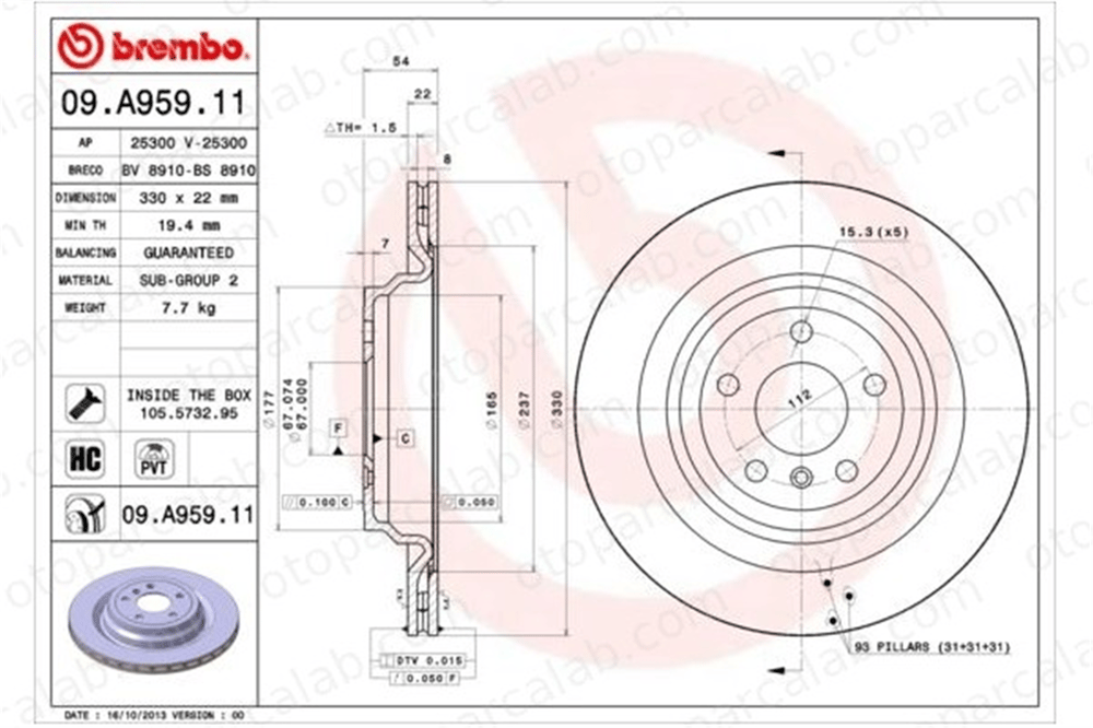 BREMBO 09.A959.11 Fren Disk Ayna Arka Sağ ve Sol MERCEDES-BENZ GLE Coupe GLE A1664230600 A1664230112