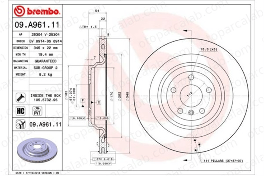 BREMBO 09.A961.11 Fren Disk Ayna Arka Sağ ve Sol MERCEDES-BENZ GLE M-SERISI A1664230212 A1664230700